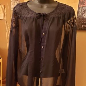 Vintage Black Lace Detail Tie Blouse M